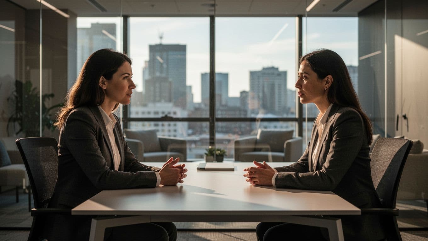 A manager sits across from a team member at a polished desk, gesturing gently during a calm conversation. Warm overhead lights highlight their engaged expressions within a contemporary, semi-private office space.