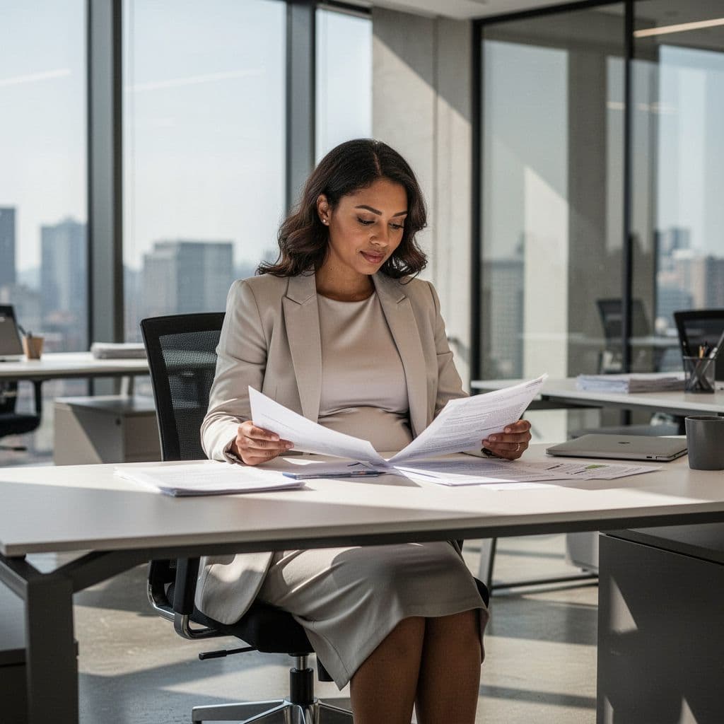 Professional woman in maternity dress and light blazer sits at desk in modern office.