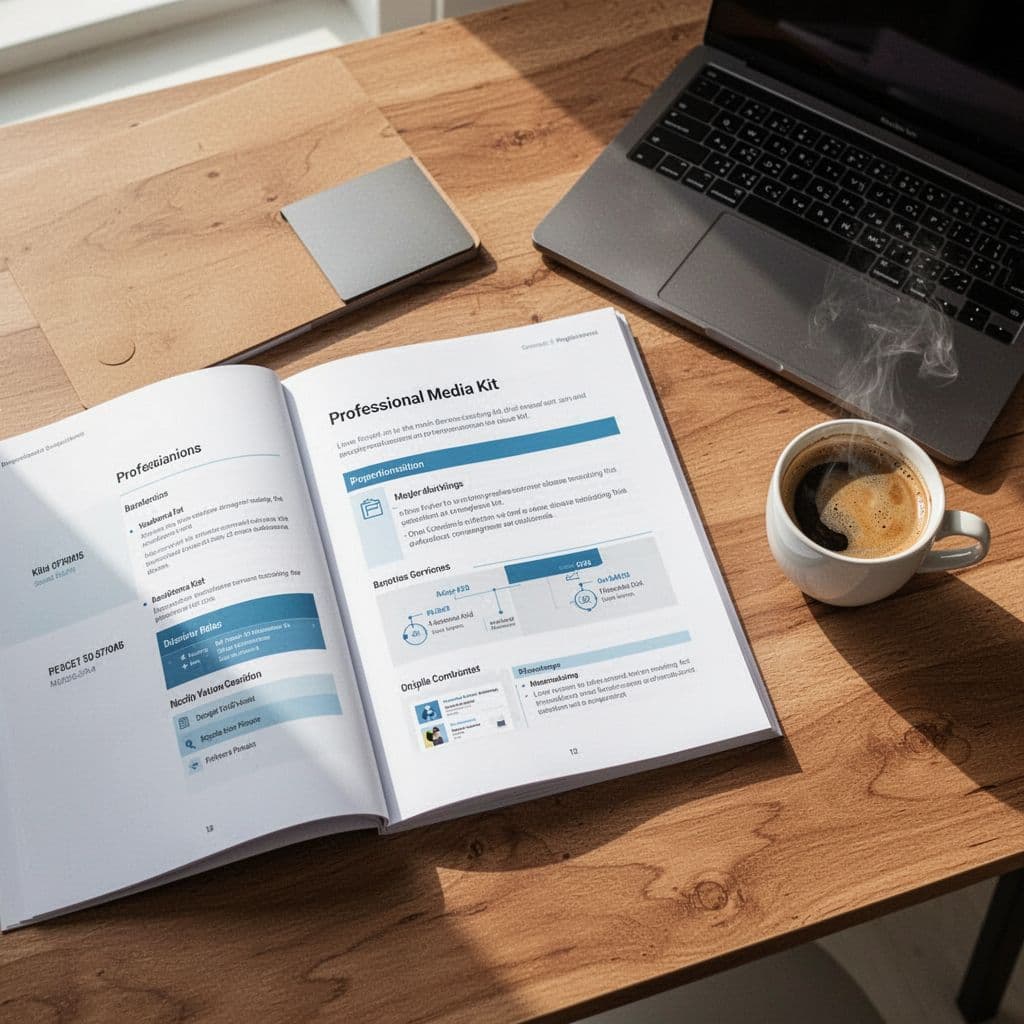 A clean media kit document rests on a wooden desk beside a laptop and coffee mug.