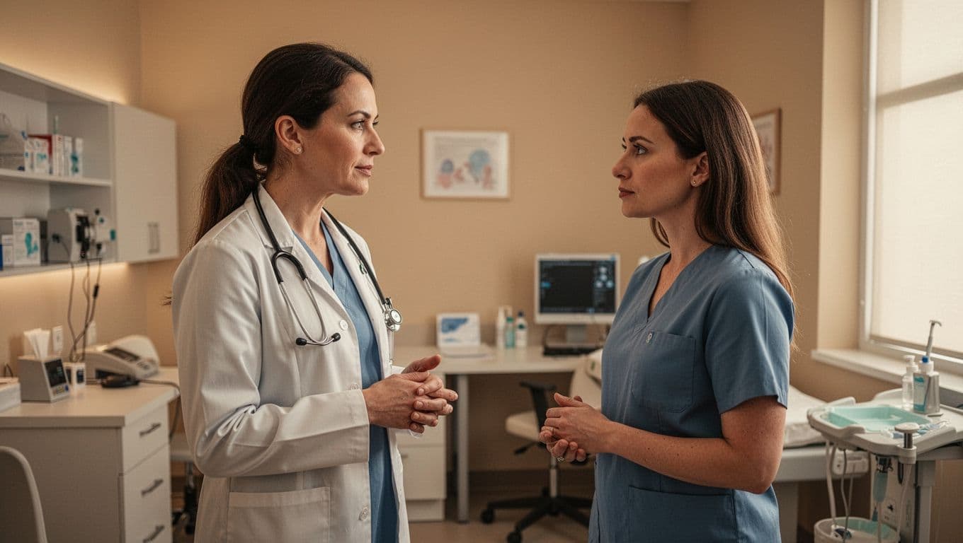 A medical professional sits across from a patient in a warm-toned private office to discuss fertility results. Soft ambient lighting highlights the professional furniture and creates a calm, supportive environment.