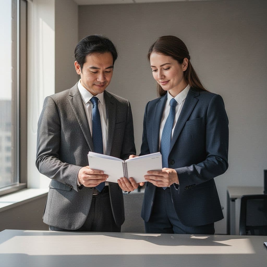 A mentor stands beside a colleague in a bright office while reviewing notes together.