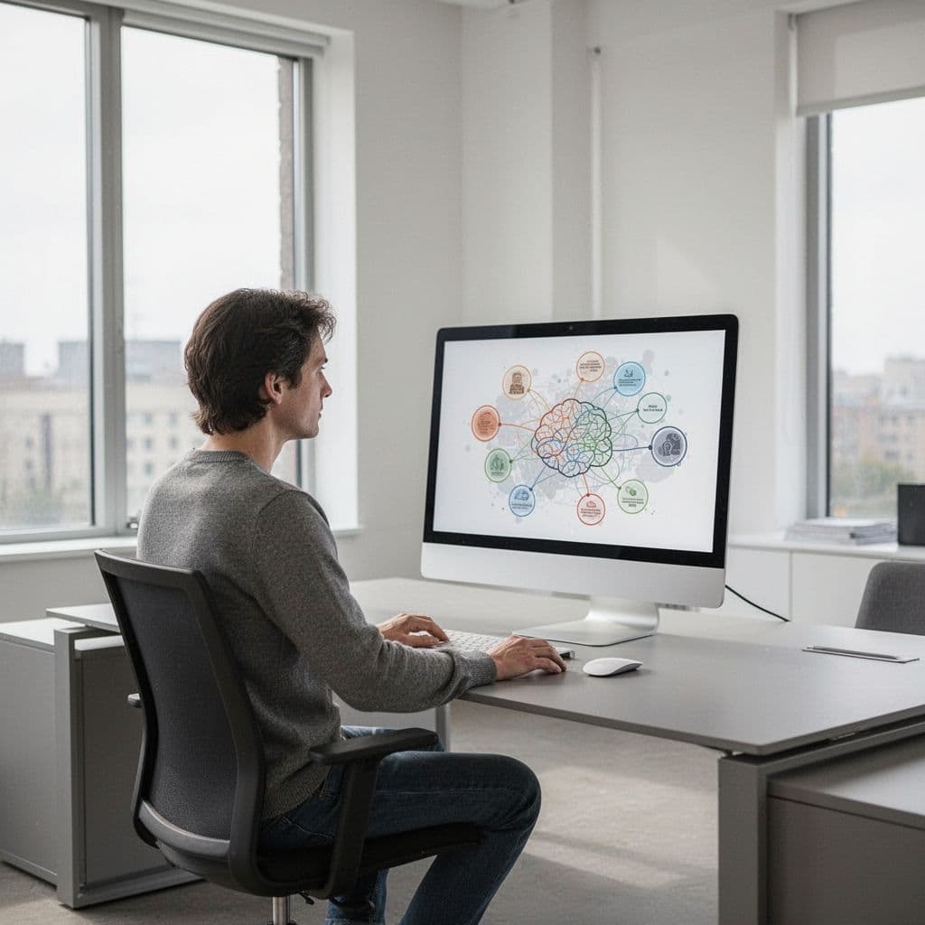 A person sits at a desk viewing a complex mind map on a computer monitor.