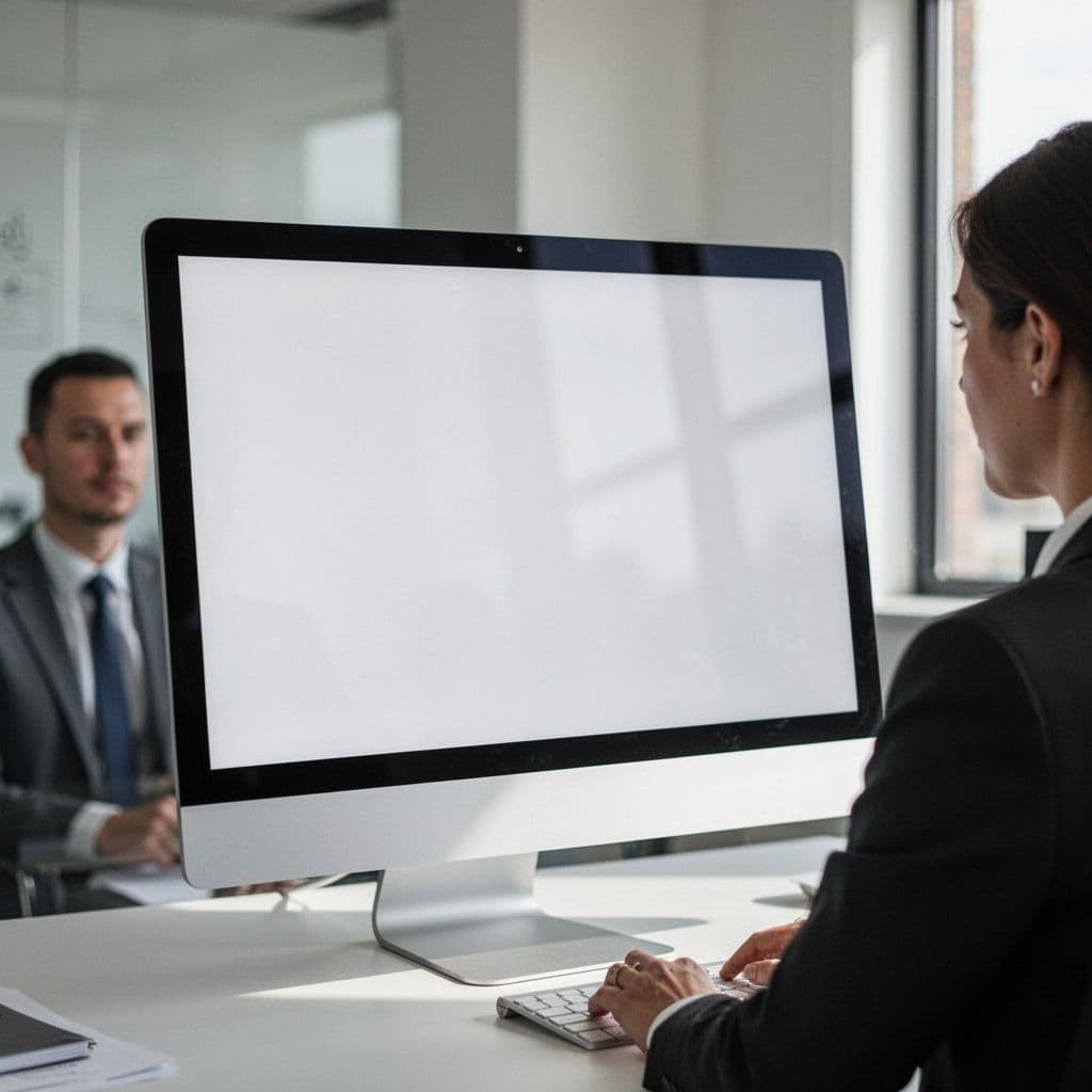 A close-up of a computer monitor displaying a clean, professional video thumbnail in a bright office.