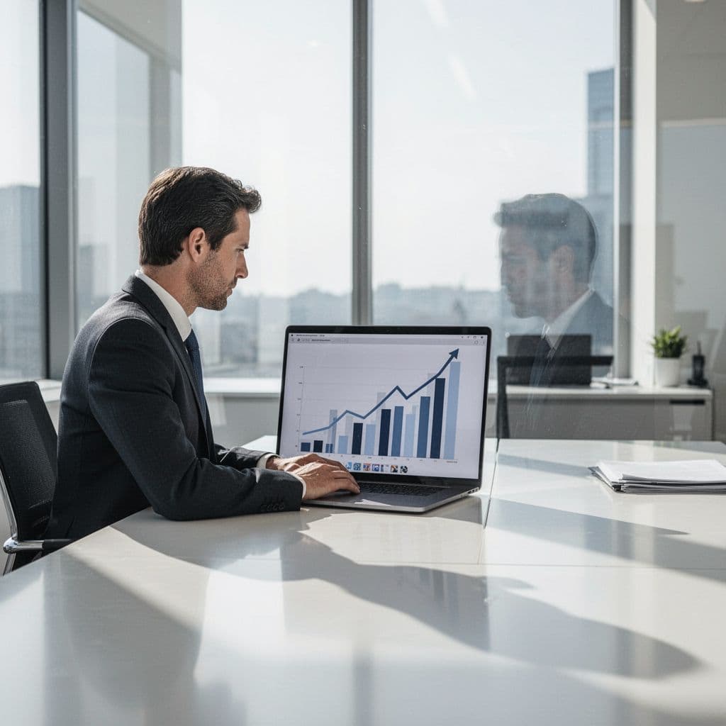 Professional sits at clean desk in bright modern office, looking at laptop showing upward bar charts.