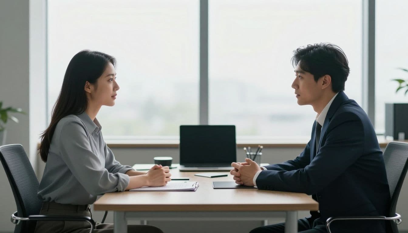 Two individuals sit at a clean, minimalist wooden desk engaged in a focused discussion. Strong natural sunlight filters through nearby windows, casting deep shadows across the quiet and modern workspace interior.