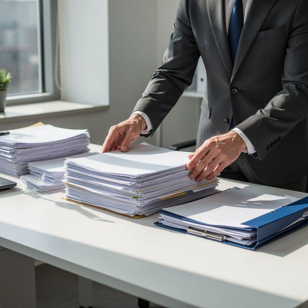A professional arranges stacks of papers and folders on a clean desk in natural daylight.