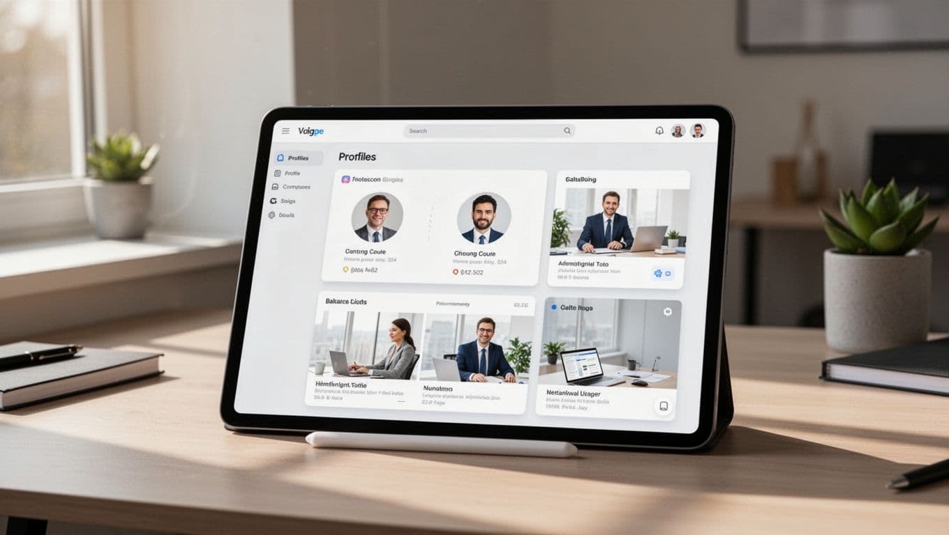 A sleek tablet screen displays an organized digital dashboard featuring a professional Pinterest business profile layout.