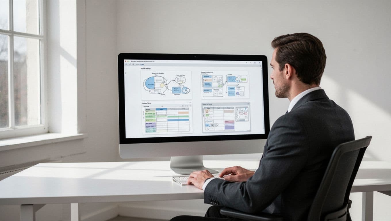 A focused person works on organized content strategy notes at a clean, modern desk.