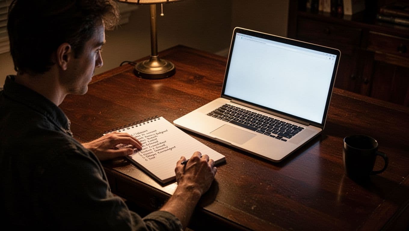A focused professional sits at a dark wood desk, reviewing a handwritten checklist on a paper notepad. Warm ambient lighting creates high contrast, highlighting the organized laptop setup nearby.