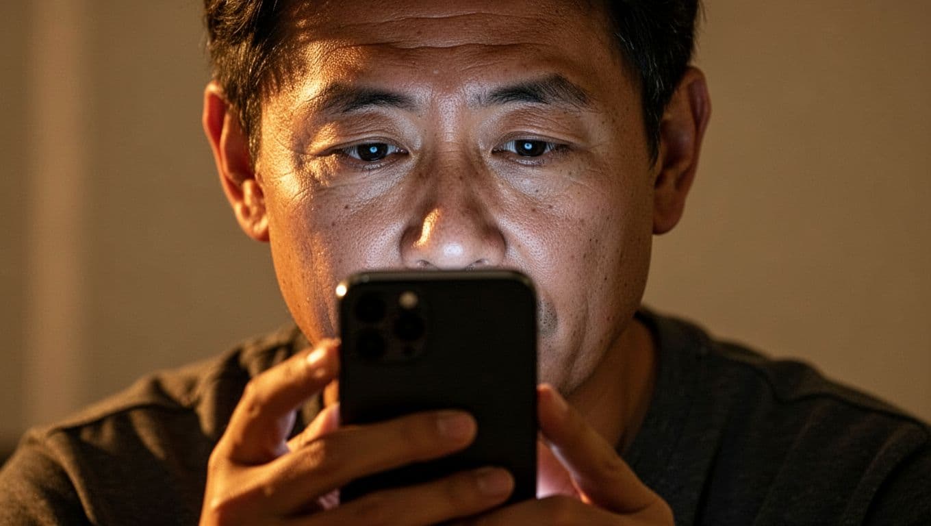 A focused individual holds a dark smartphone in a dimly lit room, illuminated by the soft screen glow. The warm ambient lighting highlights their concentrated expression during an important email review.