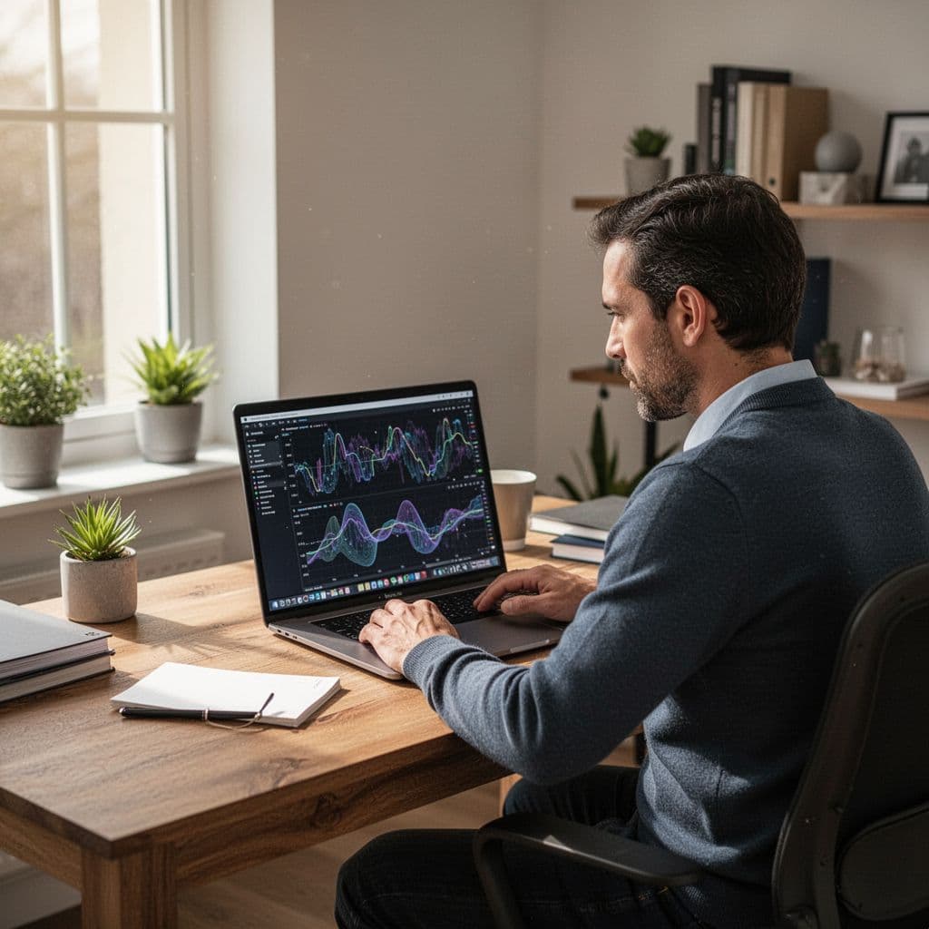 A focused individual sits at a clean desk using a laptop in a bright home office.