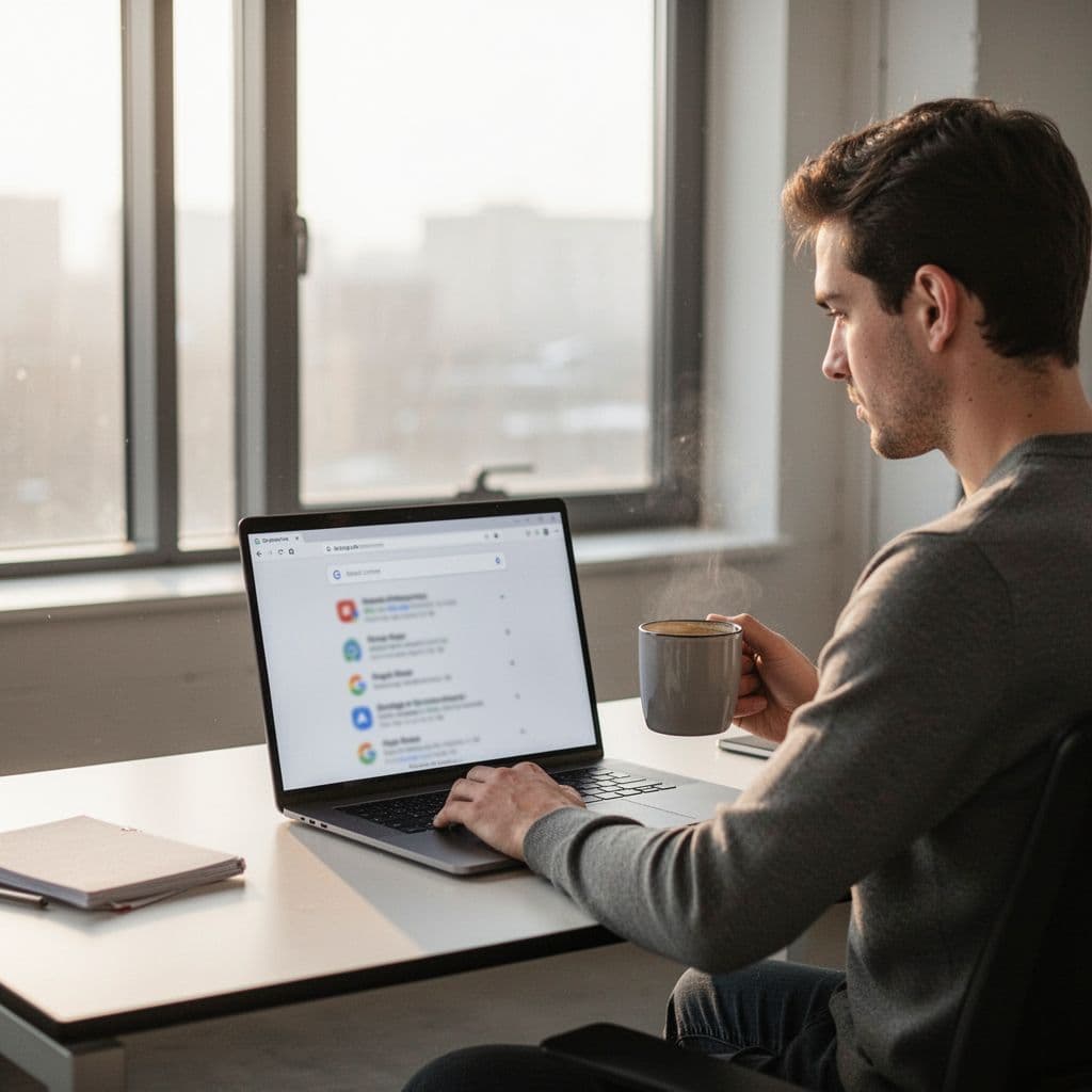 A person sits at a desk with a coffee mug while reviewing search results on a laptop.