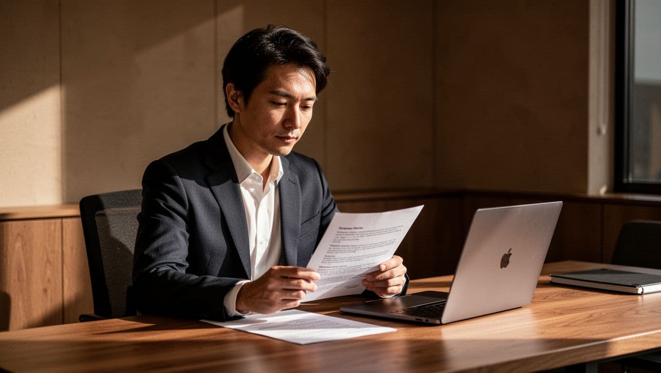 A focused professional sits at a dark wooden desk reviewing a paper document. Warm ambient lighting creates deep shadows, highlighting the clean, minimalist office environment and the person's contemplative posture.