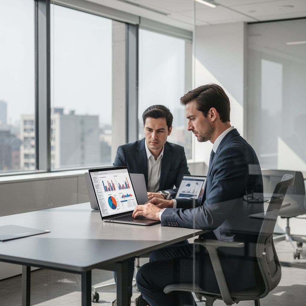 A focused professional works at a modern desk while reviewing website analytics on a laptop screen.