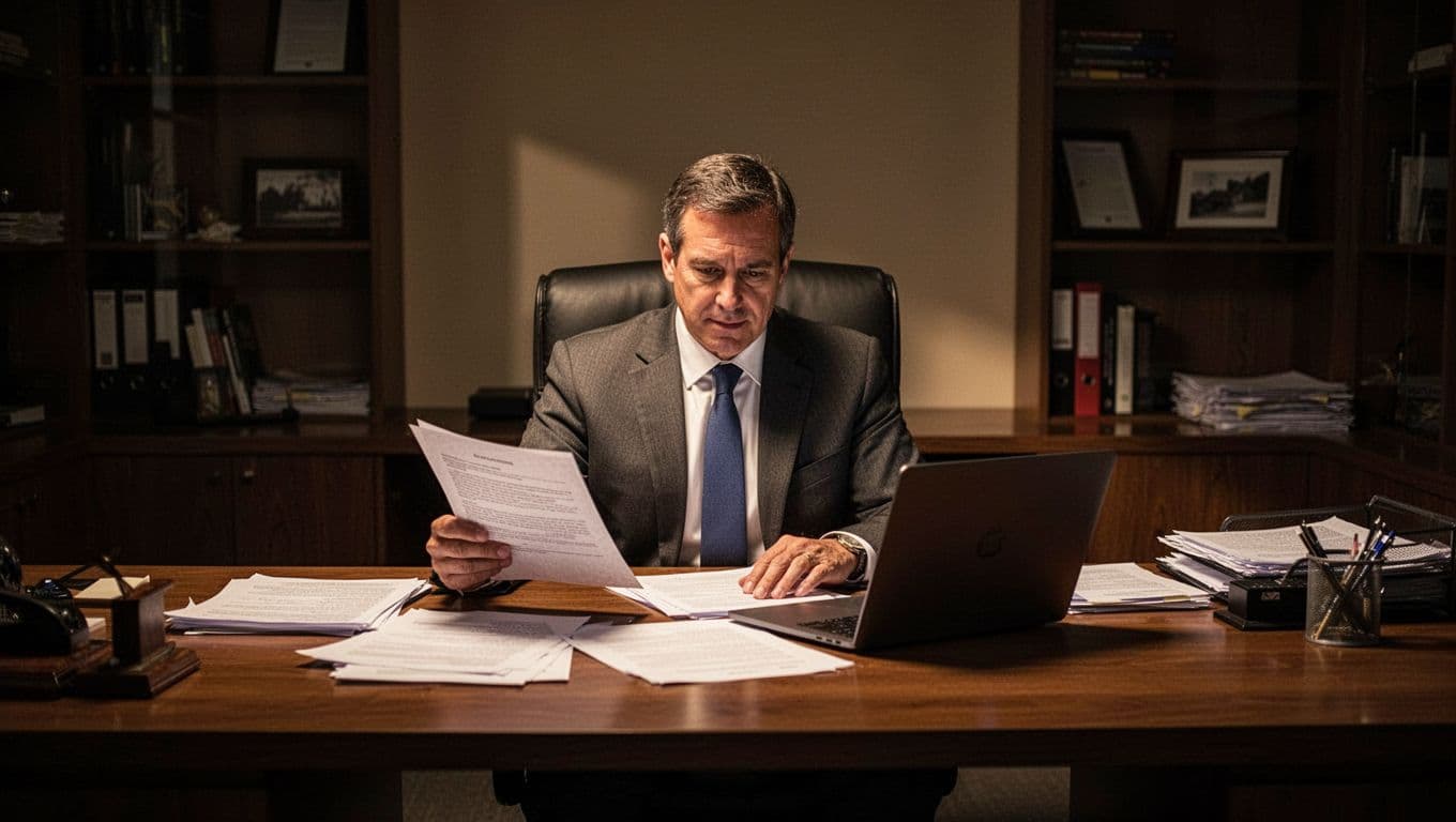 A focused professional sits at a dark wooden desk under warm ambient lighting, reviewing detailed financial documents and a laptop screen to gather key data for an upcoming business meeting.