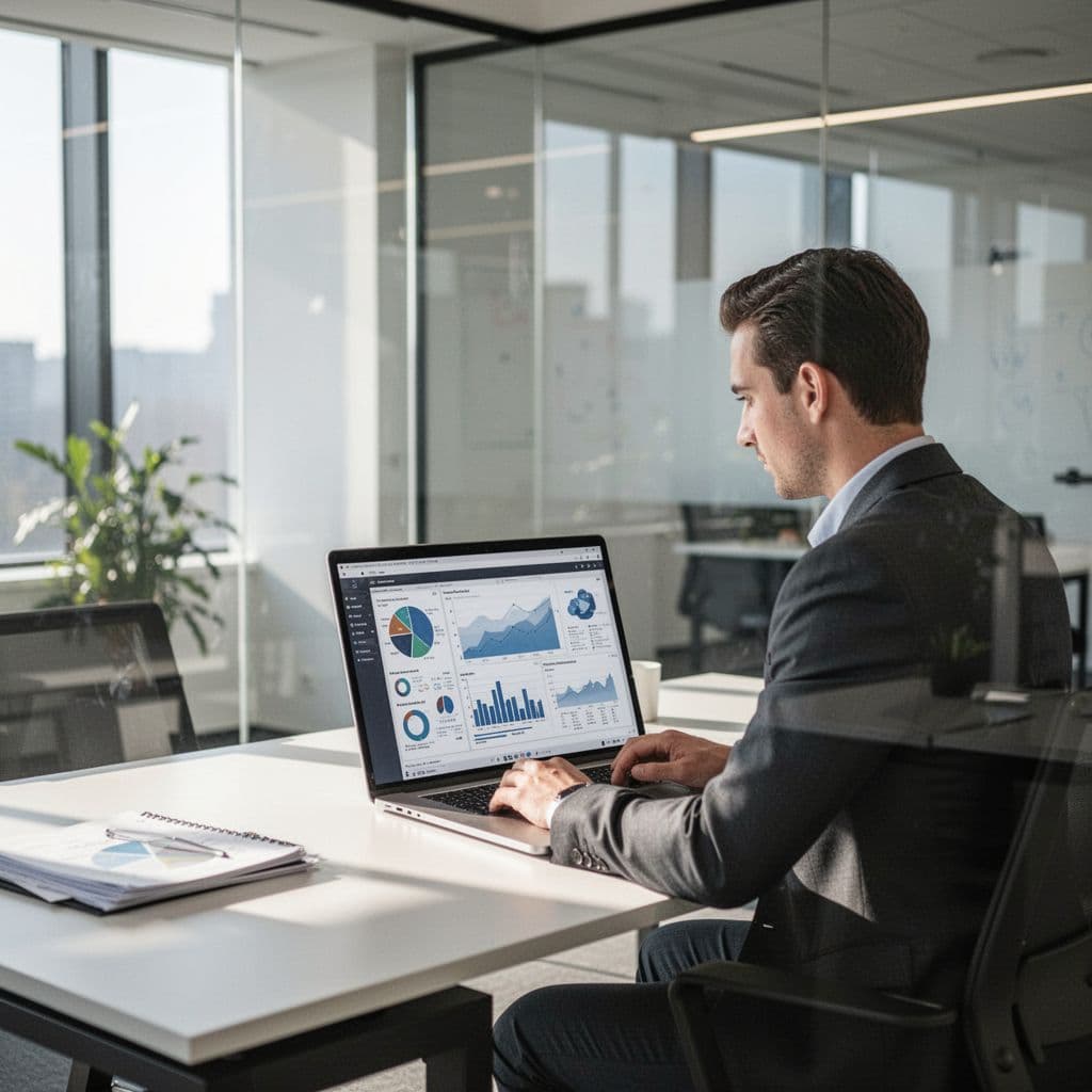 A professional working on a laptop at a clean, sunlit desk in a modern office.
