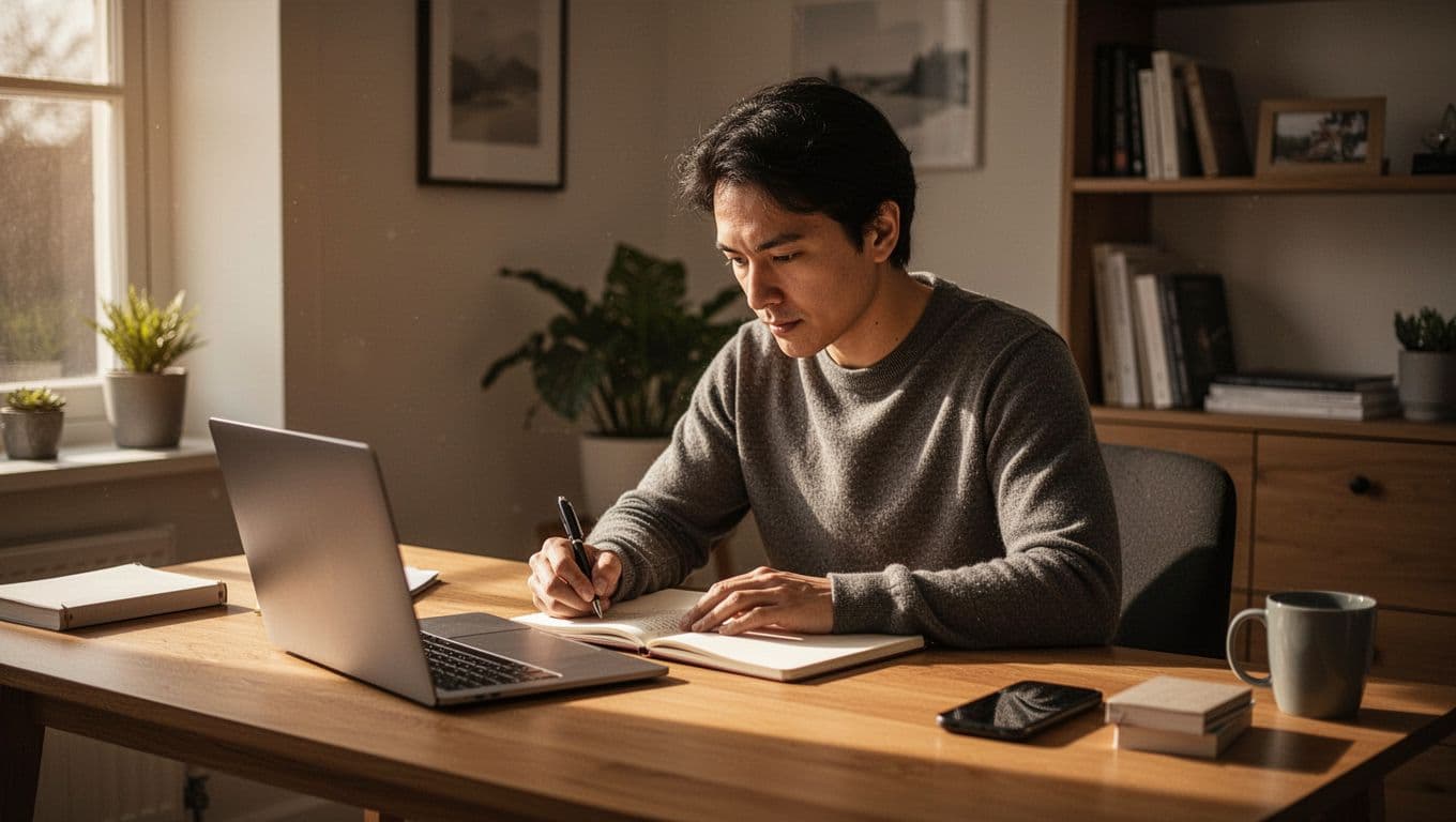 A focused individual sits at a clean wooden desk, typing on a modern laptop while jotting down notes in a paper journal. Warm ambient light creates deep shadows and professional atmosphere.