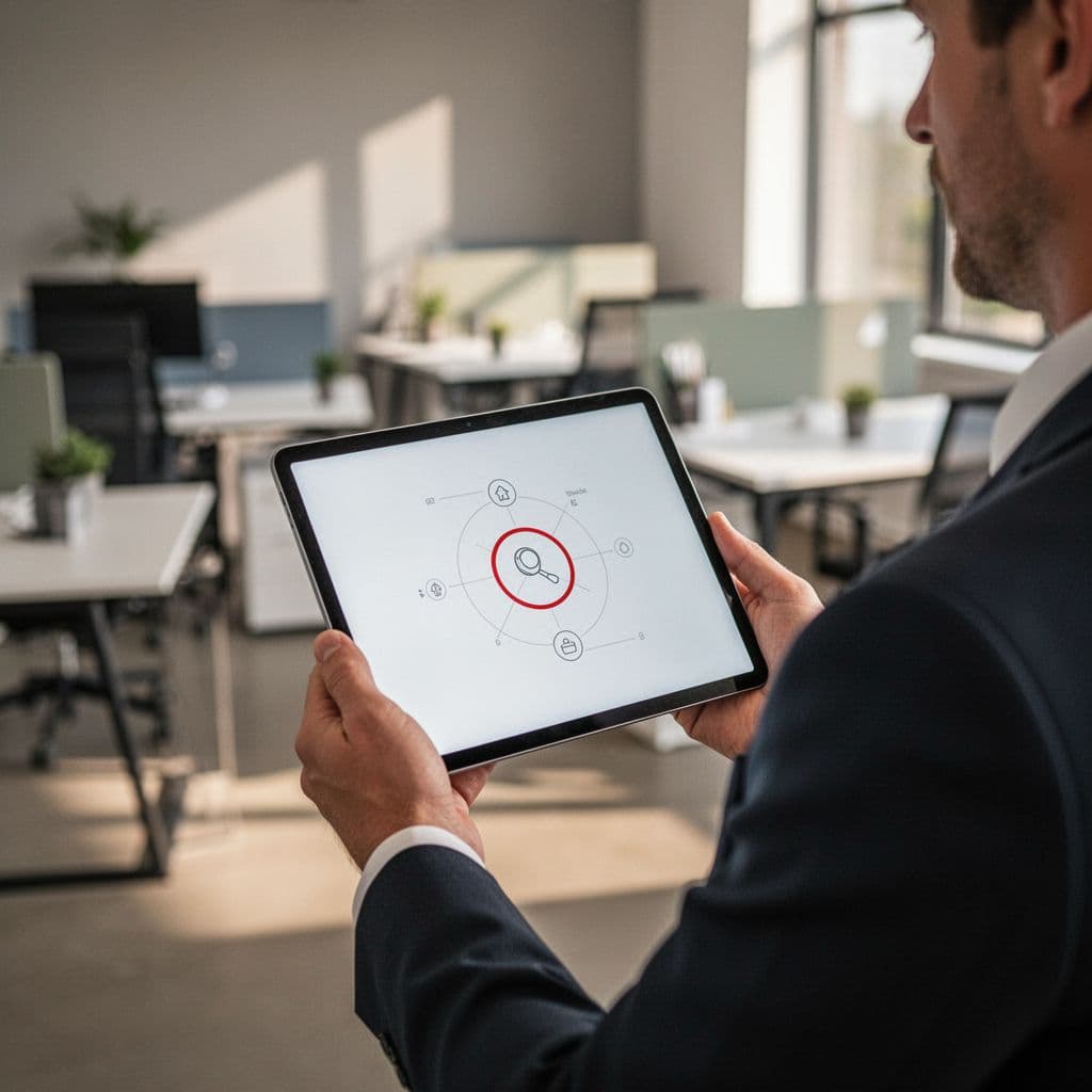 A person holds a tablet displaying a clear diagram with a single highlighted key insight.