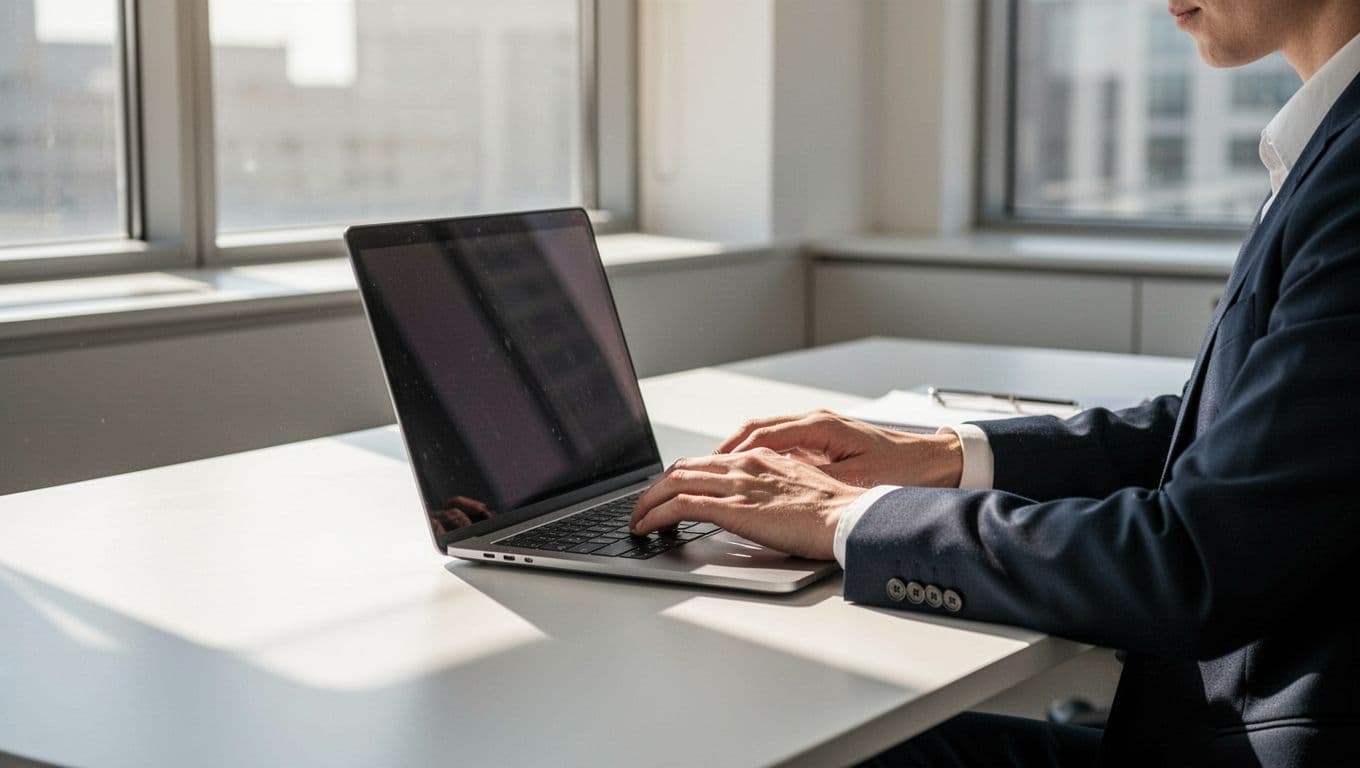 A person types on a laptop at a minimalist desk in a clean office.