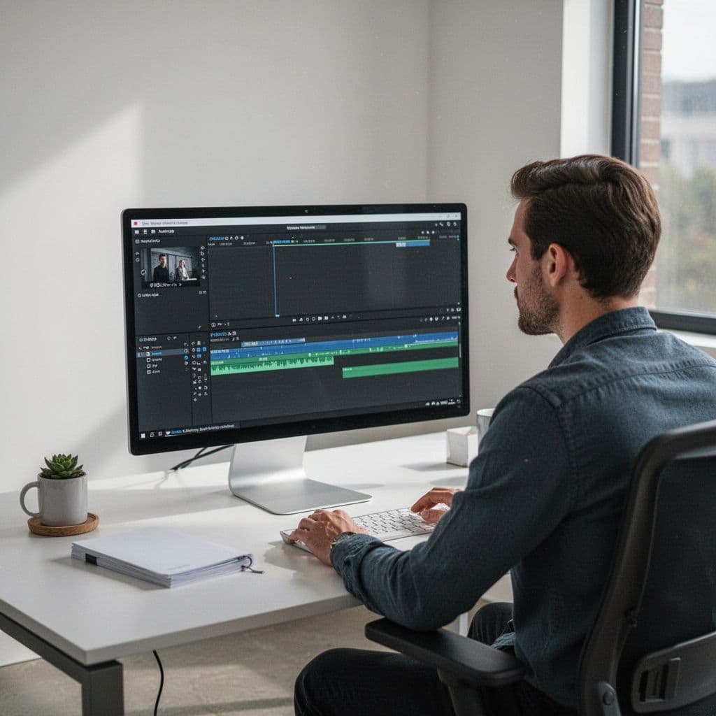 A focused editor works at a minimalist desk with a video timeline displayed on the monitor.