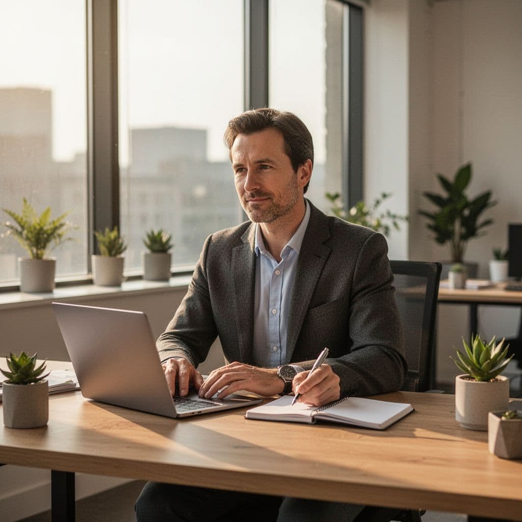 A focused professional sits at a clean wooden desk illuminated by soft natural sunlight.