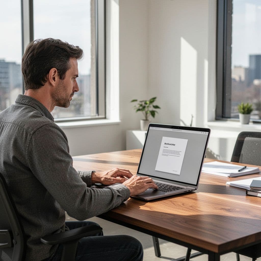 A person sits at a clean wooden desk working on a laptop in a bright office.