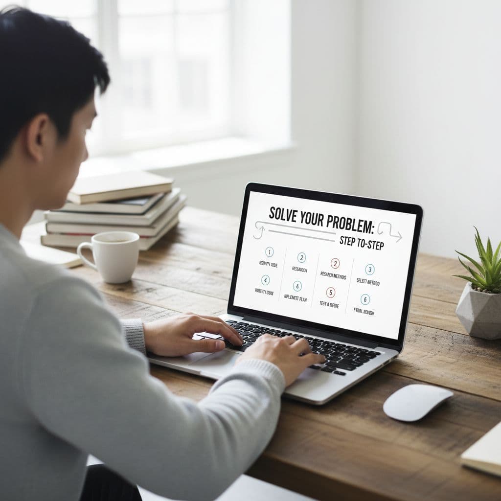 A focused person follows a structured step-by-step digital guide on a laptop in a clean workspace.
