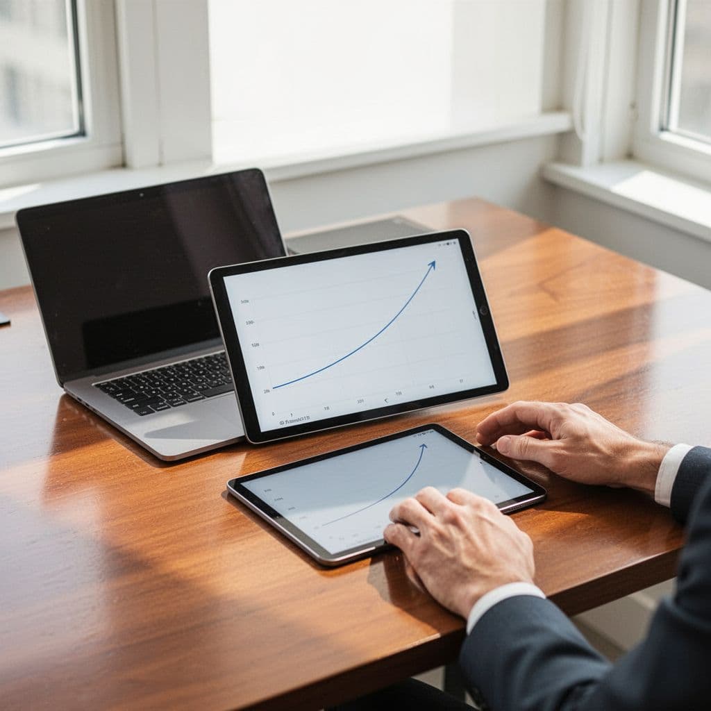 A person sits at a bright desk with a laptop and a tablet showing a growth graph.