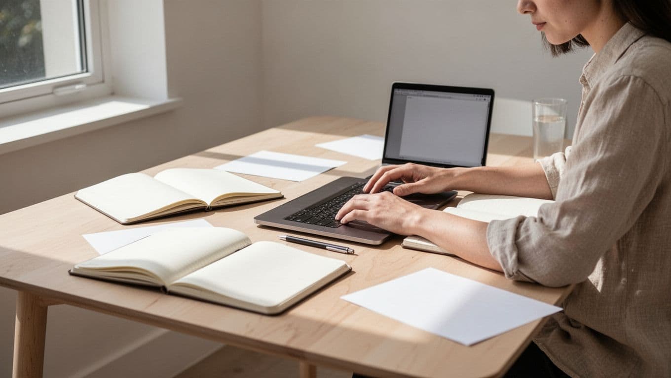 A focused professional writes in notebooks while using a laptop at a clean minimalist desk.