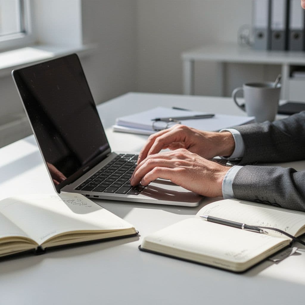Writer at organized desk with laptop and open notebooks, hands visible in natural light.
