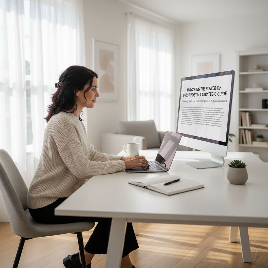 A focused professional writes an article on a laptop within a clean and bright home office.
