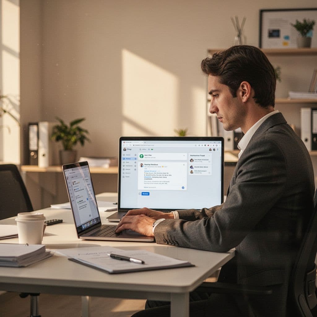 A focused professional types an email on a laptop in a sunlit office.