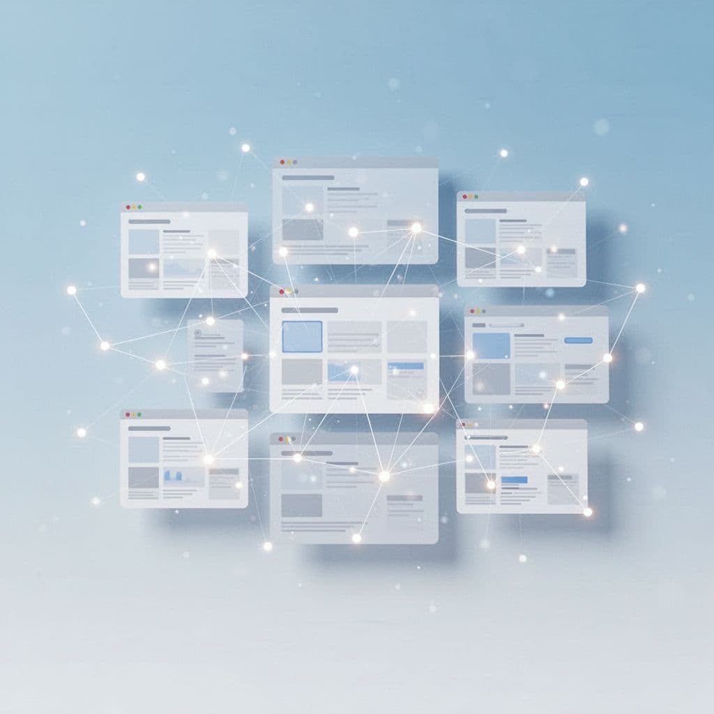 Organized data points connect to uniform web page layouts in minimalist light blue and white.
