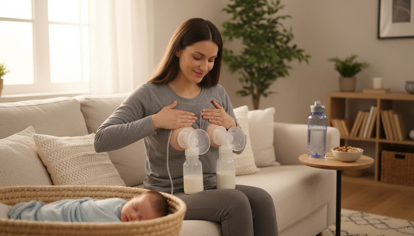 New mother sitting comfortably in a cozy living room, double pumping breast milk with proper technique including centered flanges, free nipple movement, gentle breast massage, relaxed expression, baby sleeping nearby.