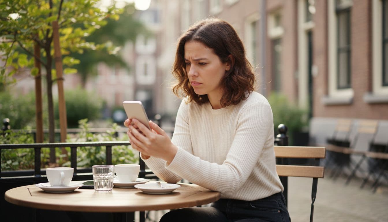 A thoughtful young woman in her late 20s sits alone at a cozy outdoor cafe table, gazing at her smartphone with a puzzled expression under soft natural daylight. Realistic photography style featuring exactly one person, no other humans or additional objects.