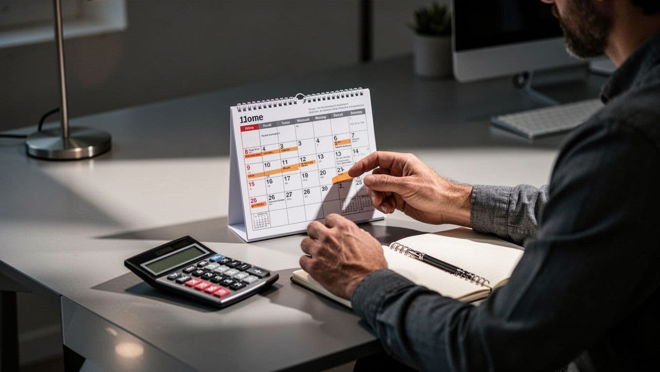 A dark wooden desk features an open notebook, a precise calculator, and a wall calendar with bold red circles marking payment deadlines. Soft cinematic light highlights the organized financial workspace.