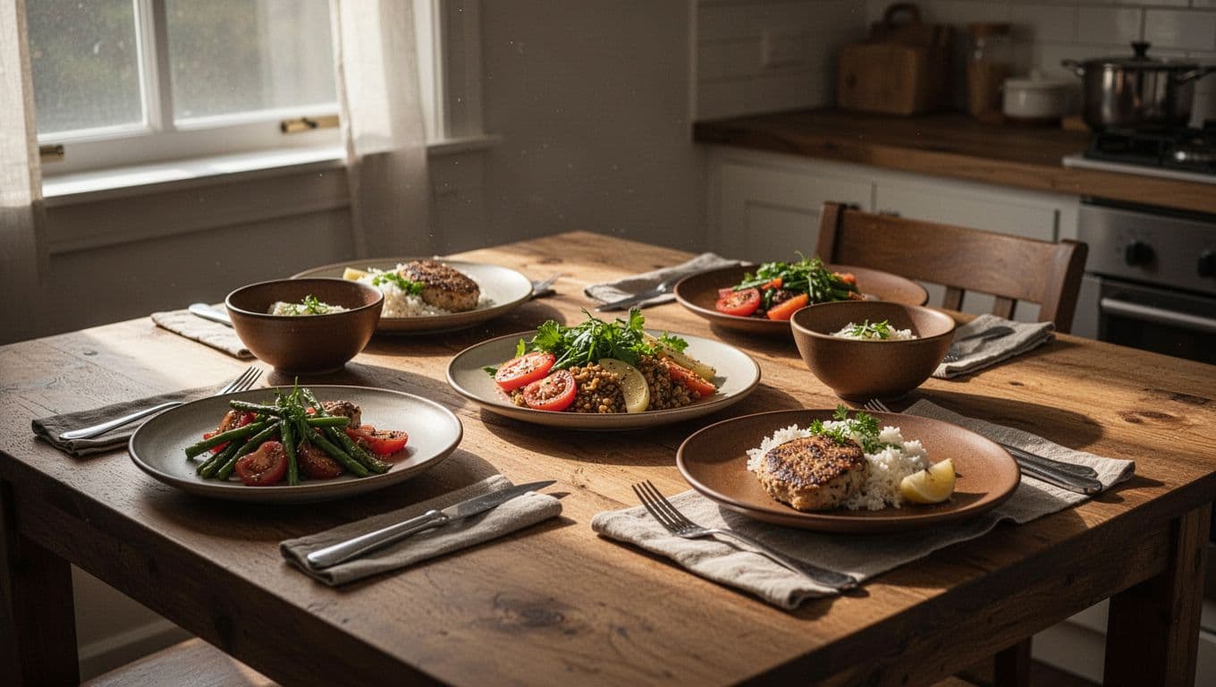 A rustic wooden table features plates of freshly prepared vegetables and healthy dishes. Golden afternoon light streams through the kitchen window, casting soft shadows across the welcoming, stress-free dining setup.
