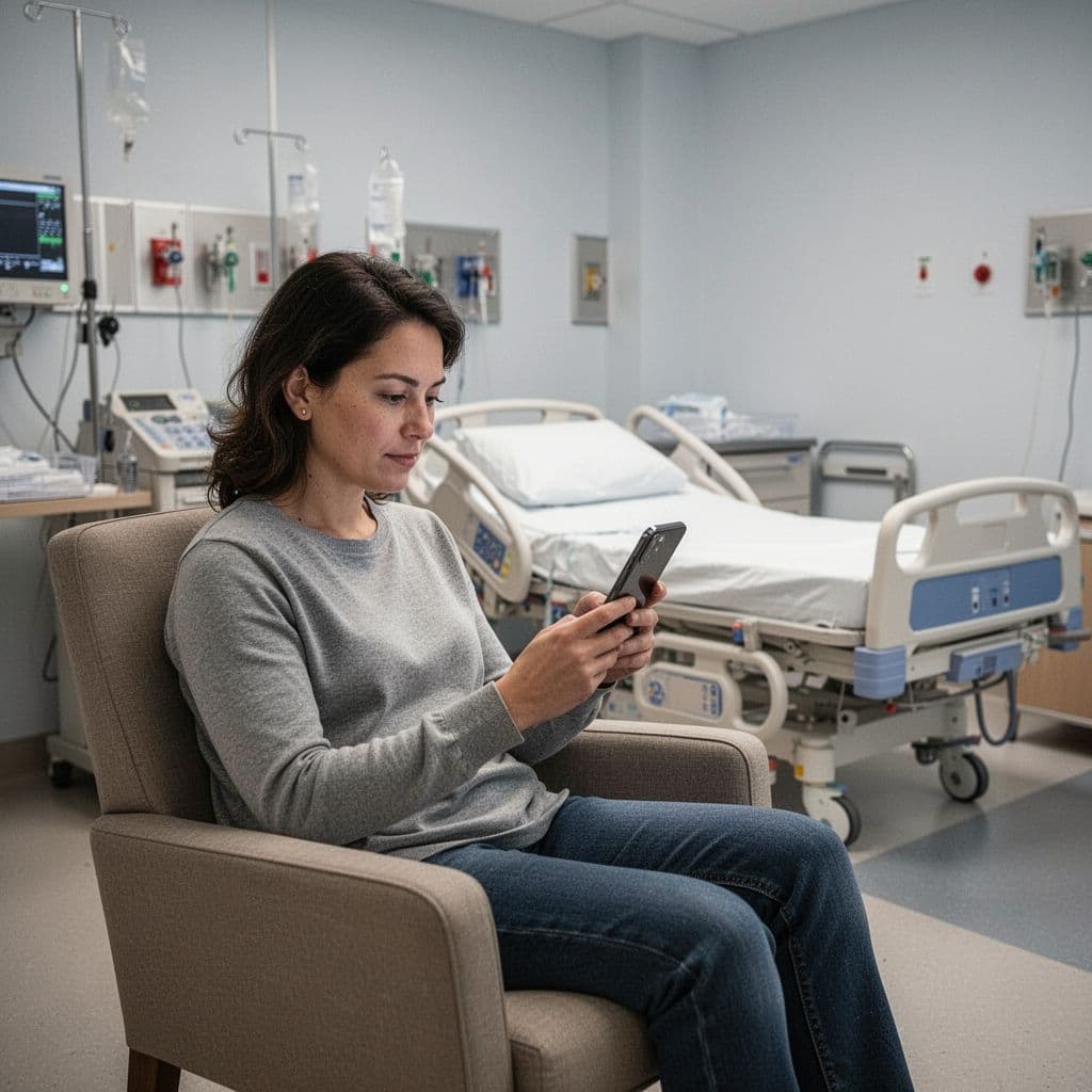 Person sits in chair looking at phone in softly lit quiet hospital room with empty bed in background.