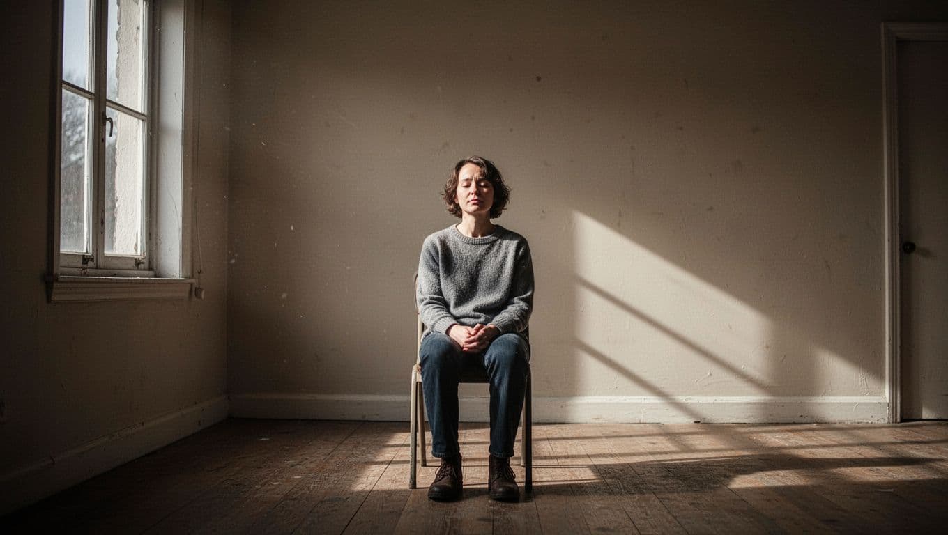 A person sits alone in a quiet, sunlit room, their profile illuminated by warm light streaming through a nearby window. They maintain a peaceful expression while deep in contemplative, compassionate thought.