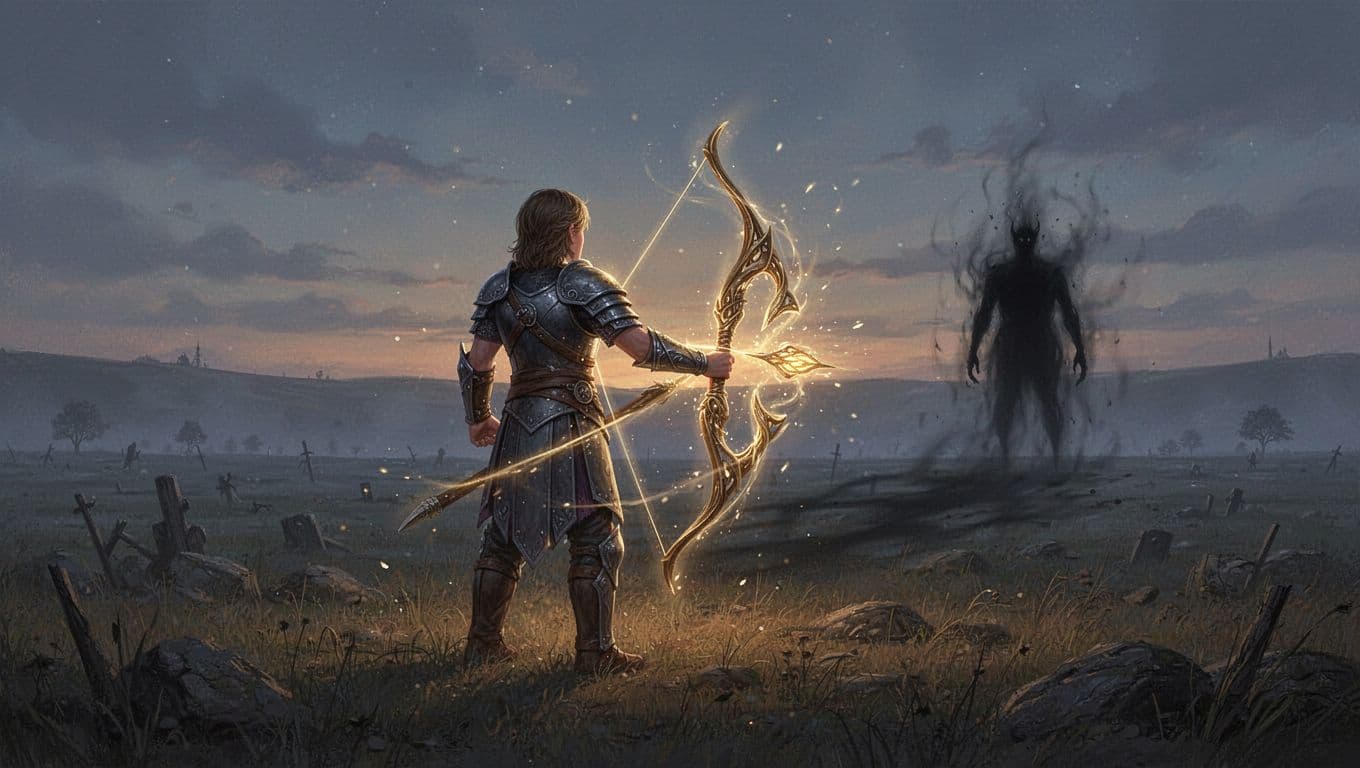 A courageous hero stands amidst a twilight battlefield holding a radiant, glowing bow. A dark, misty silhouette dissolves into the horizon, symbolizing the departure of darkness and restoration of lasting peace.