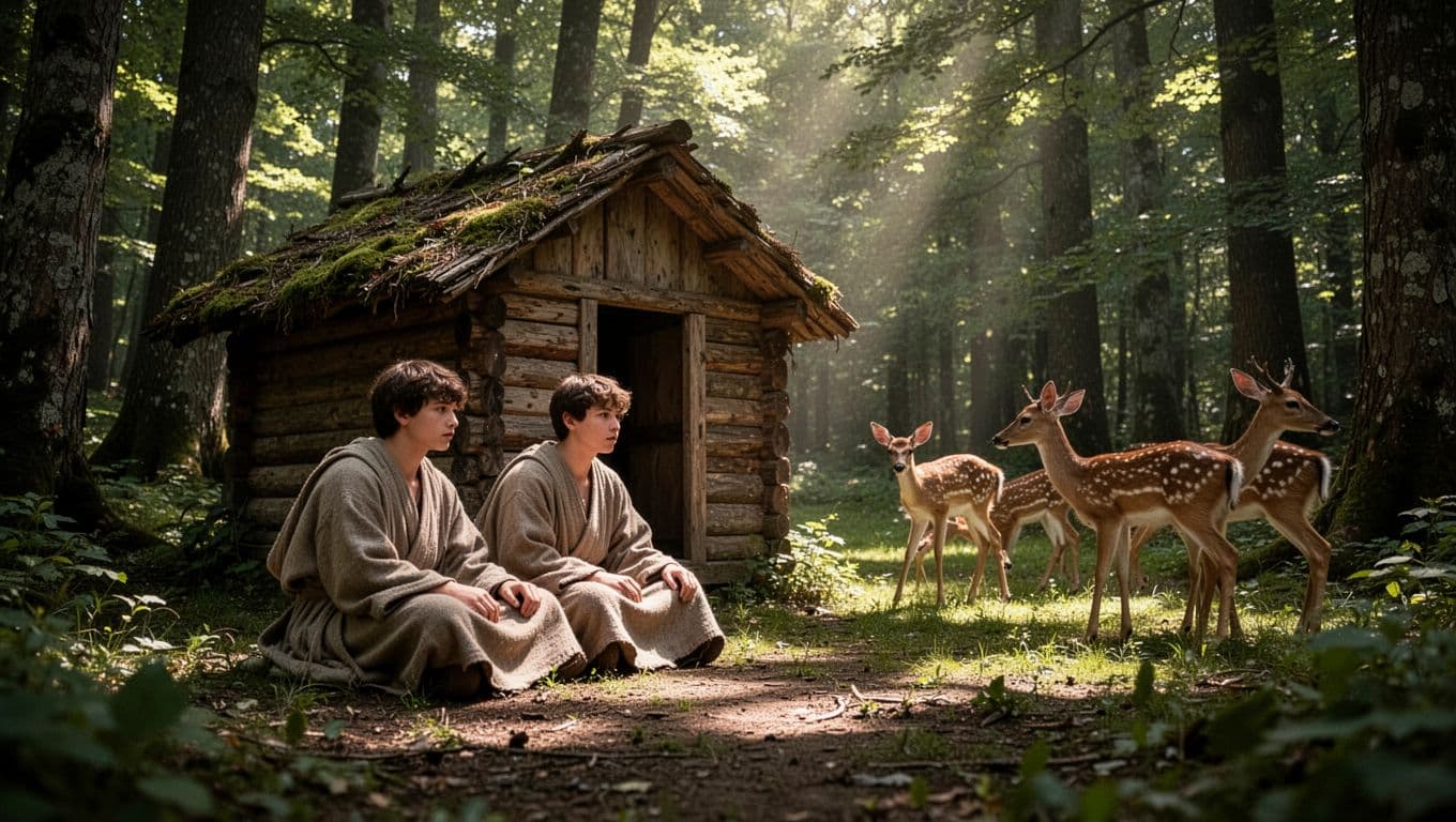 Two brothers wearing simple brown robes sit together outside a rustic timber hut. Nearby, several gentle deer graze on the grass as golden sunlight filters through the dense, vibrant green foliage.