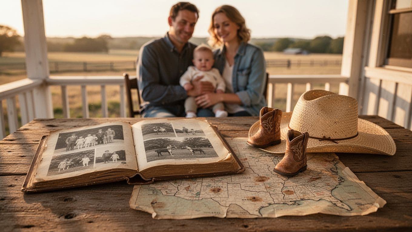 Rustic wooden table on sunny ranch porch holds open black-and-white cowboy photo album beside worn western map, baby boot, and hat.