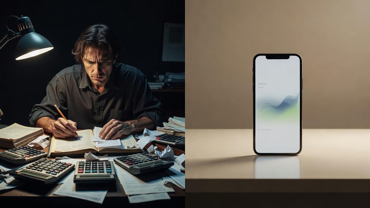 On the left, a person sits at a disorganized desk buried in paper receipts and old calculators under dim lighting. The right side features a minimalist setup with one glowing smartphone.