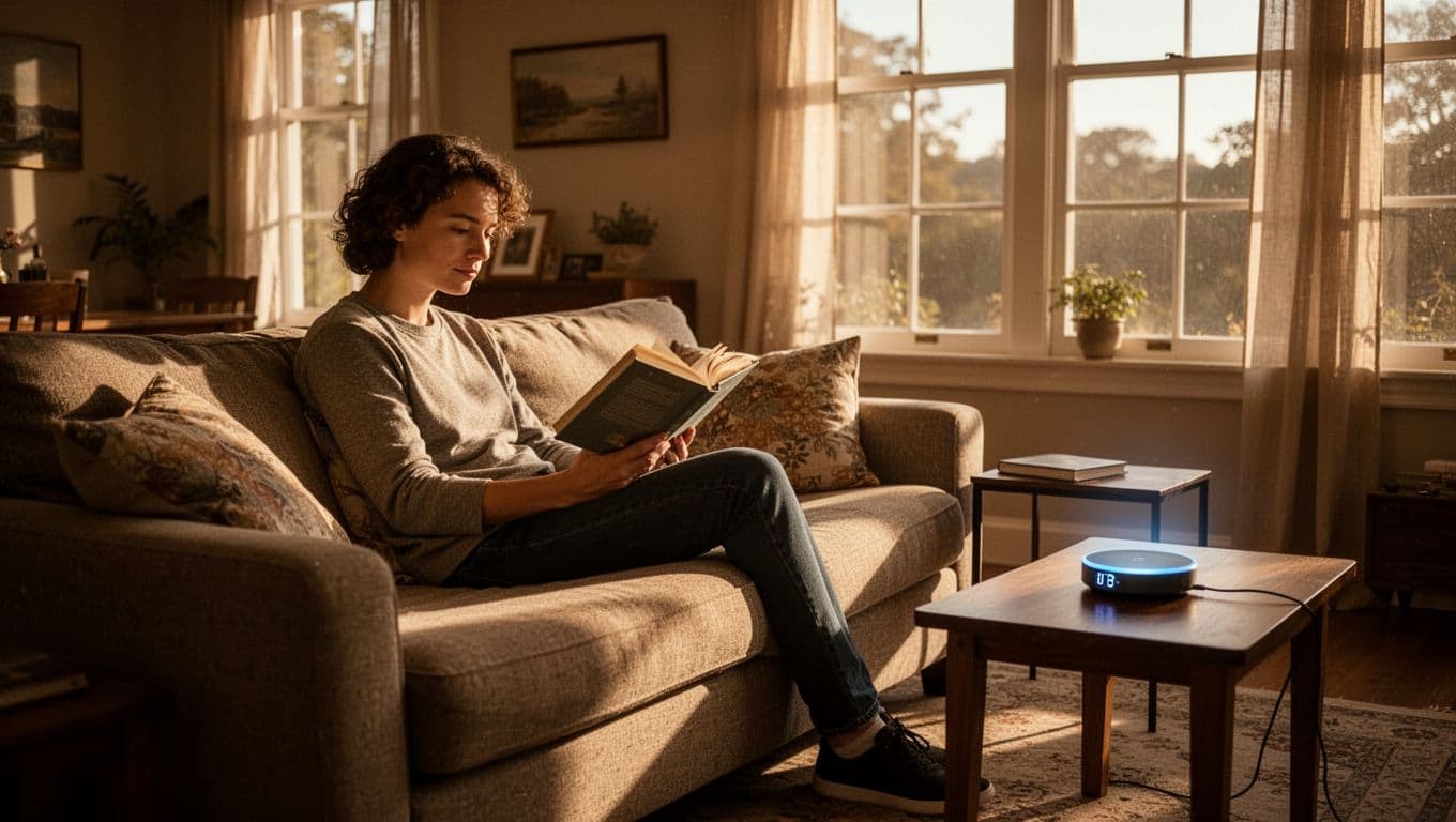 A person leans back in a cozy armchair reading a hardcover book while sunlight streams through the window. Beside them, a small glowing digital timer rests on a rustic side table.