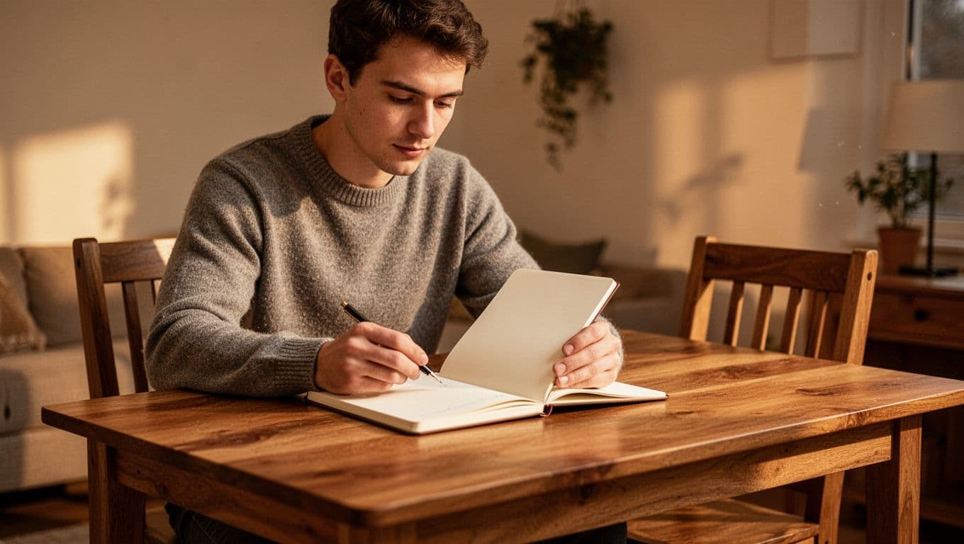 A person sits at a cluttered wooden desk, carefully reviewing a checklist in a leather-bound notebook. Warm ambient lamps create a productive atmosphere, highlighting the investor's intense focus and preparation.