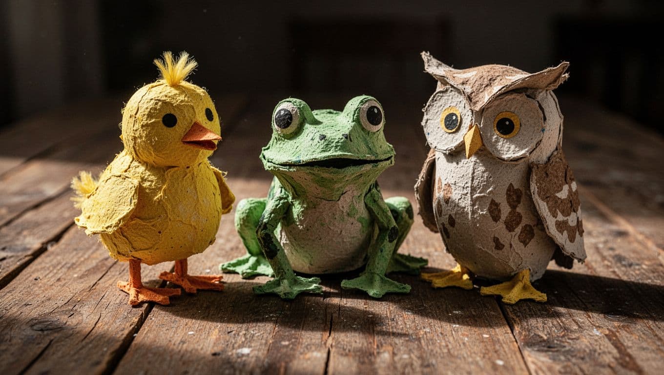 A vibrant yellow chick, green frog, and wide-eyed owl sit on a weathered wooden table. These whimsical creatures are expertly sculpted from recycled egg cartons, capturing a charmingly rustic artistic aesthetic.