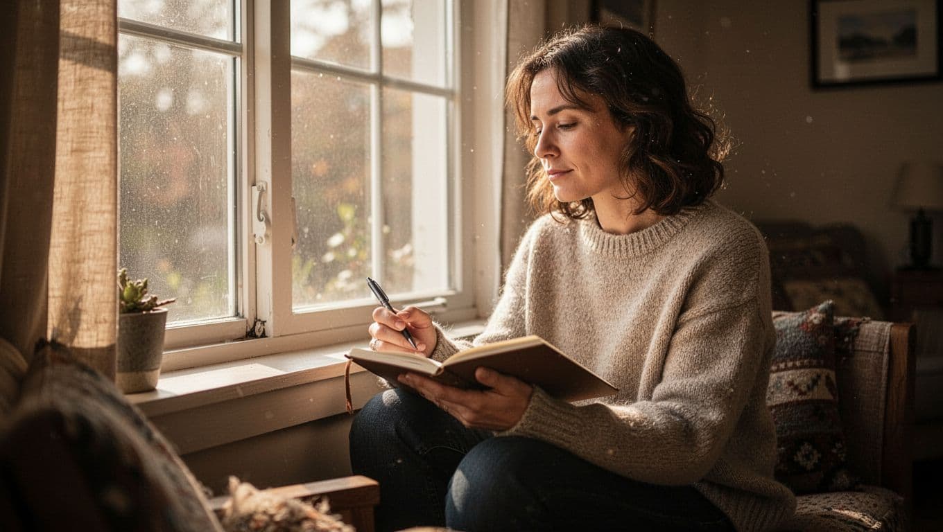 A person sits quietly in a sun-drenched room while holding a pen and notebook. Soft golden light highlights their thoughtful expression, emphasizing a calm and meditative atmosphere during a peaceful afternoon.