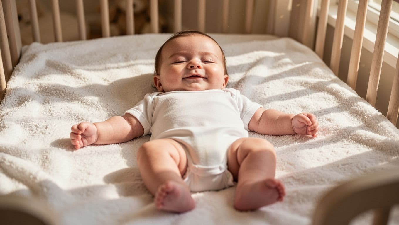 4-month-old baby lies supine on white blanket, arms limp by sides, half-closed eyes, gentle smile, subtle chest rise.