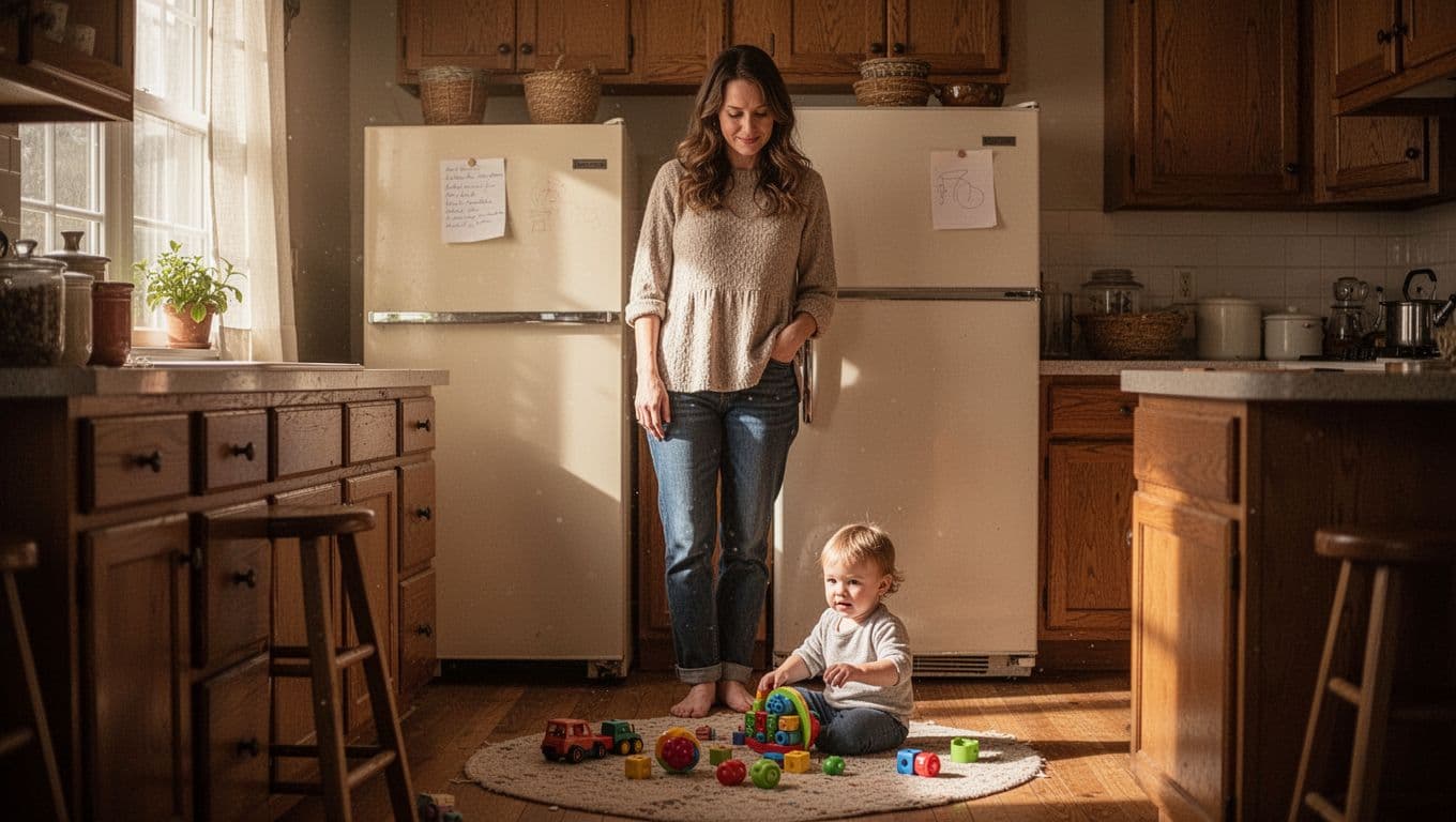 Relaxed mom in cozy kitchen with toddler nearby, simple handwritten rhythm chart on fridge, morning light.