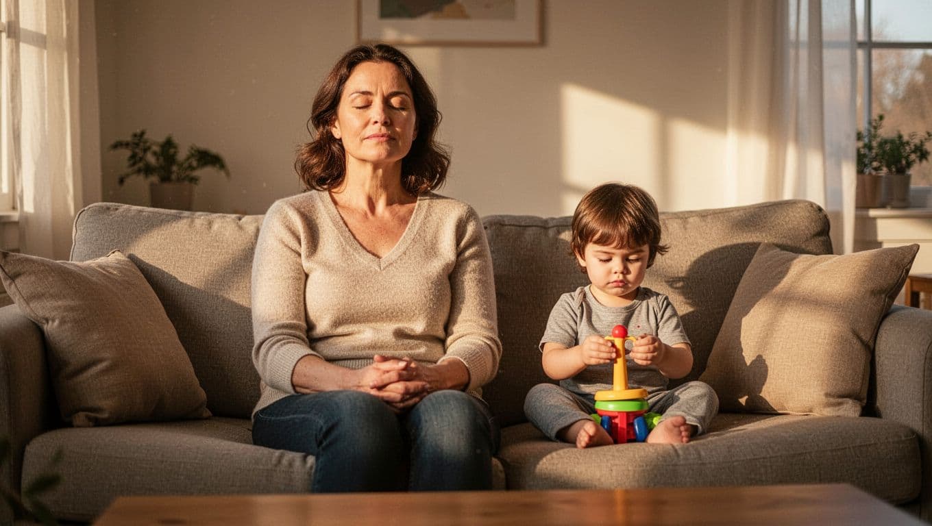 Mother sits on living room couch eyes closed hands in lap, child nearby calmly holds toy in warm afternoon light.